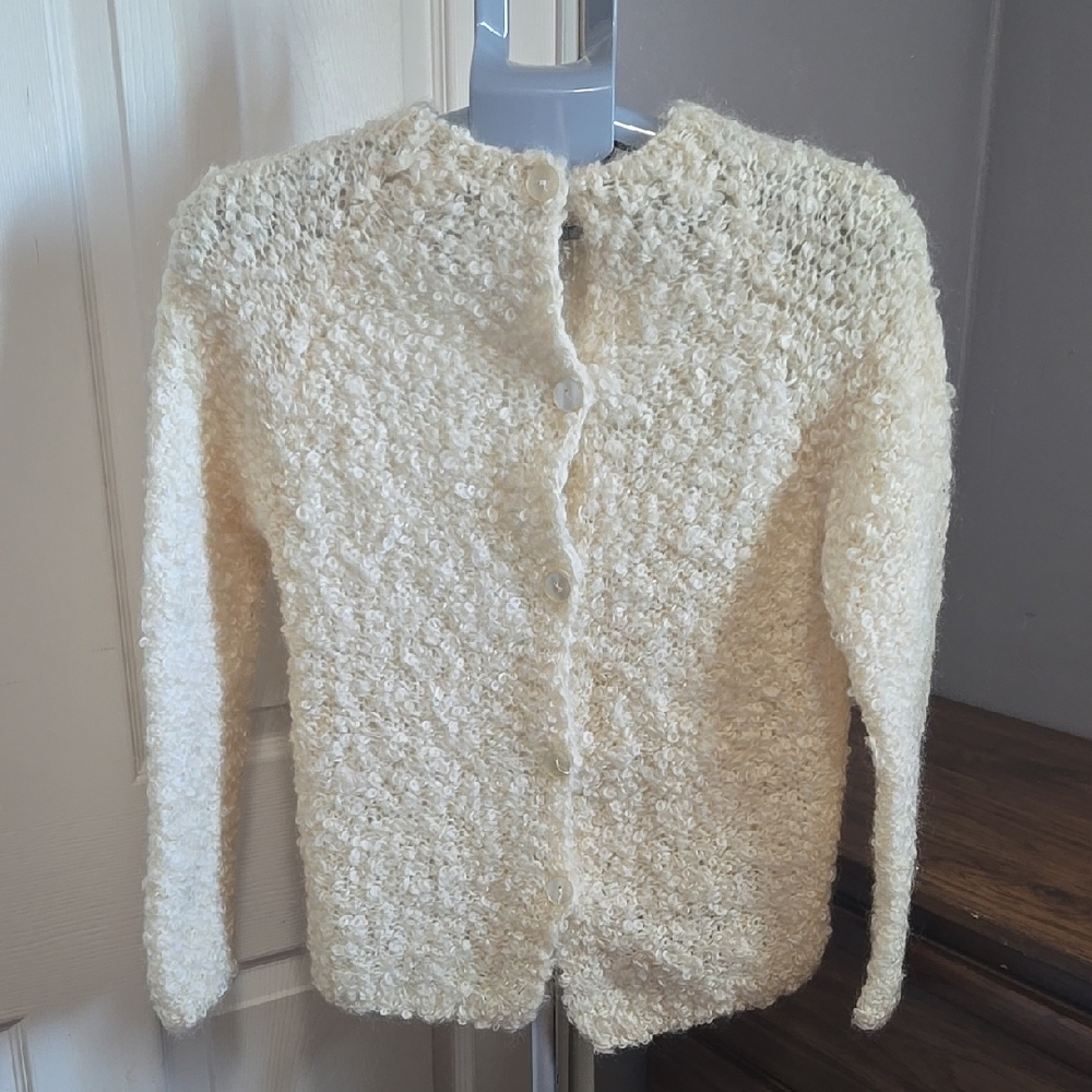 Cream Textured Cardigan Wool Mohair Granny Grandma